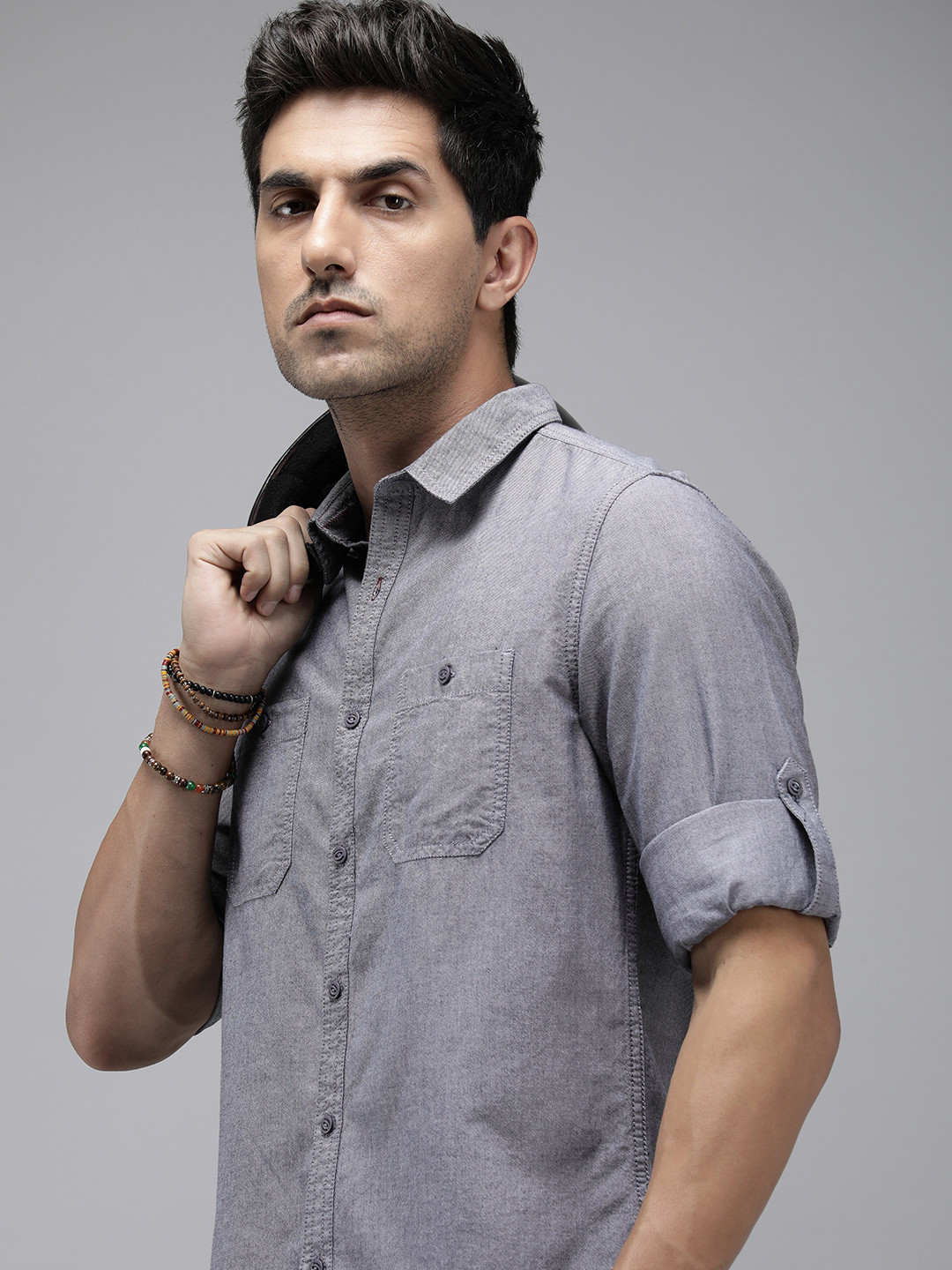 

The Roadster Lifestyle Co. Men Pure Cotton Solid Roll-Up Sleeves Casual Shirt, Grey