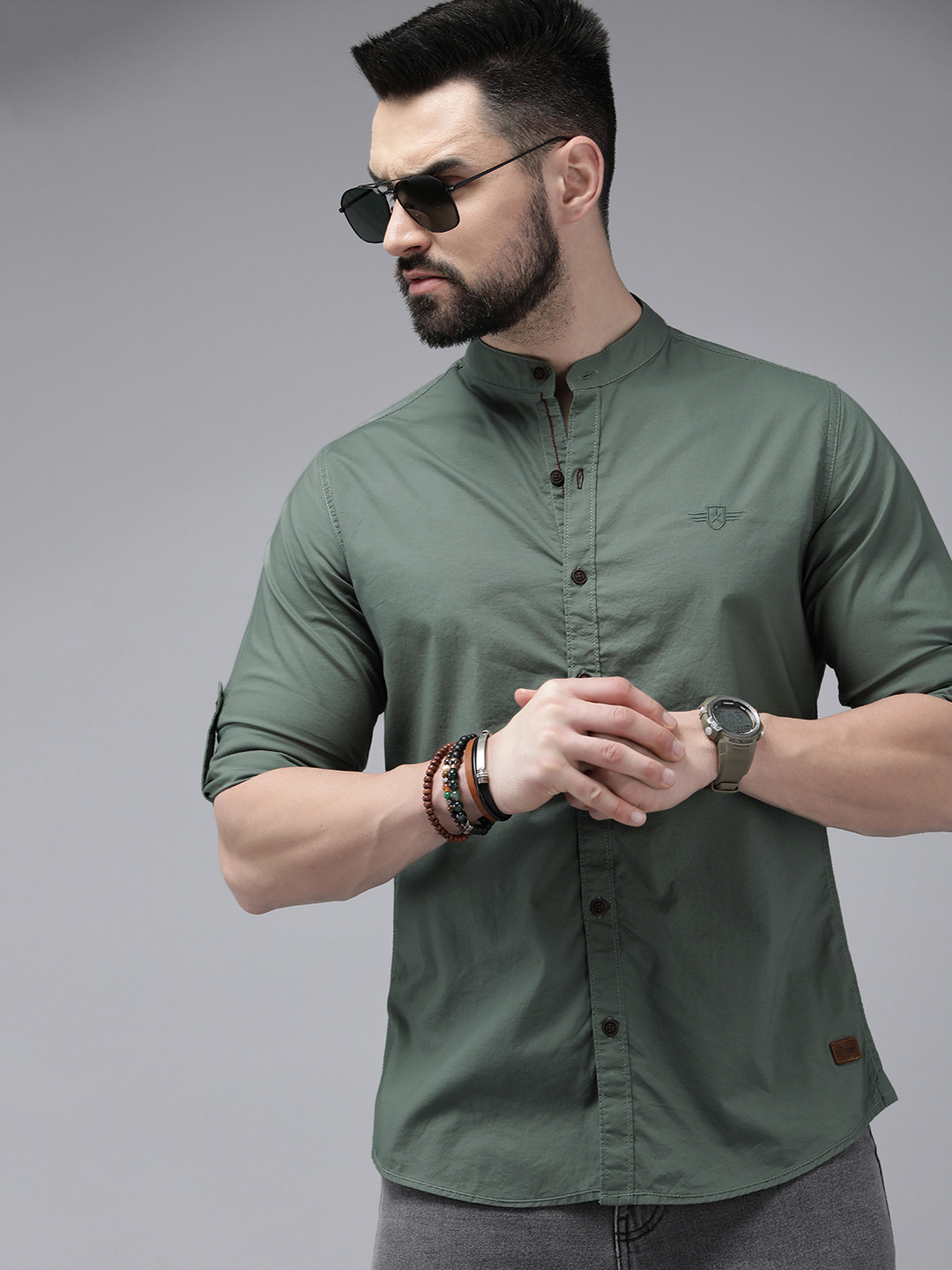 

The Roadster Lifestyle Co. Men Band Collar Casual Shirt, Green