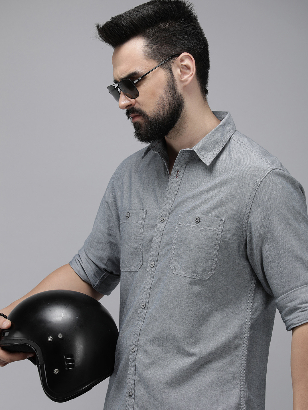 

The Roadster Lifestyle Co. Men Pure Cotton Solid Roll-Up Sleeves Casual Shirt, Grey