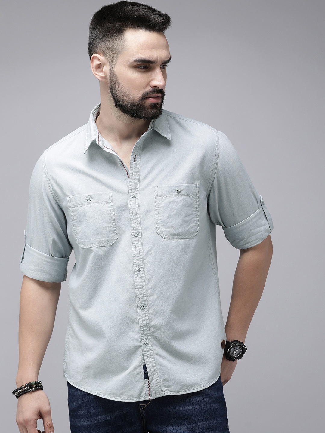 

The Roadster Life Co. Pure Cotton Chambray Casual Shirt, Blue