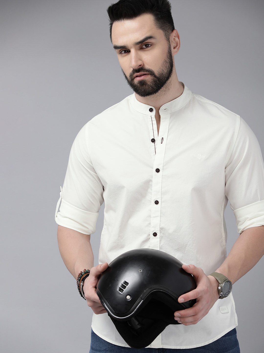 

The Roadster Lifestyle Co. Men Band Collar Casual Shirt, White