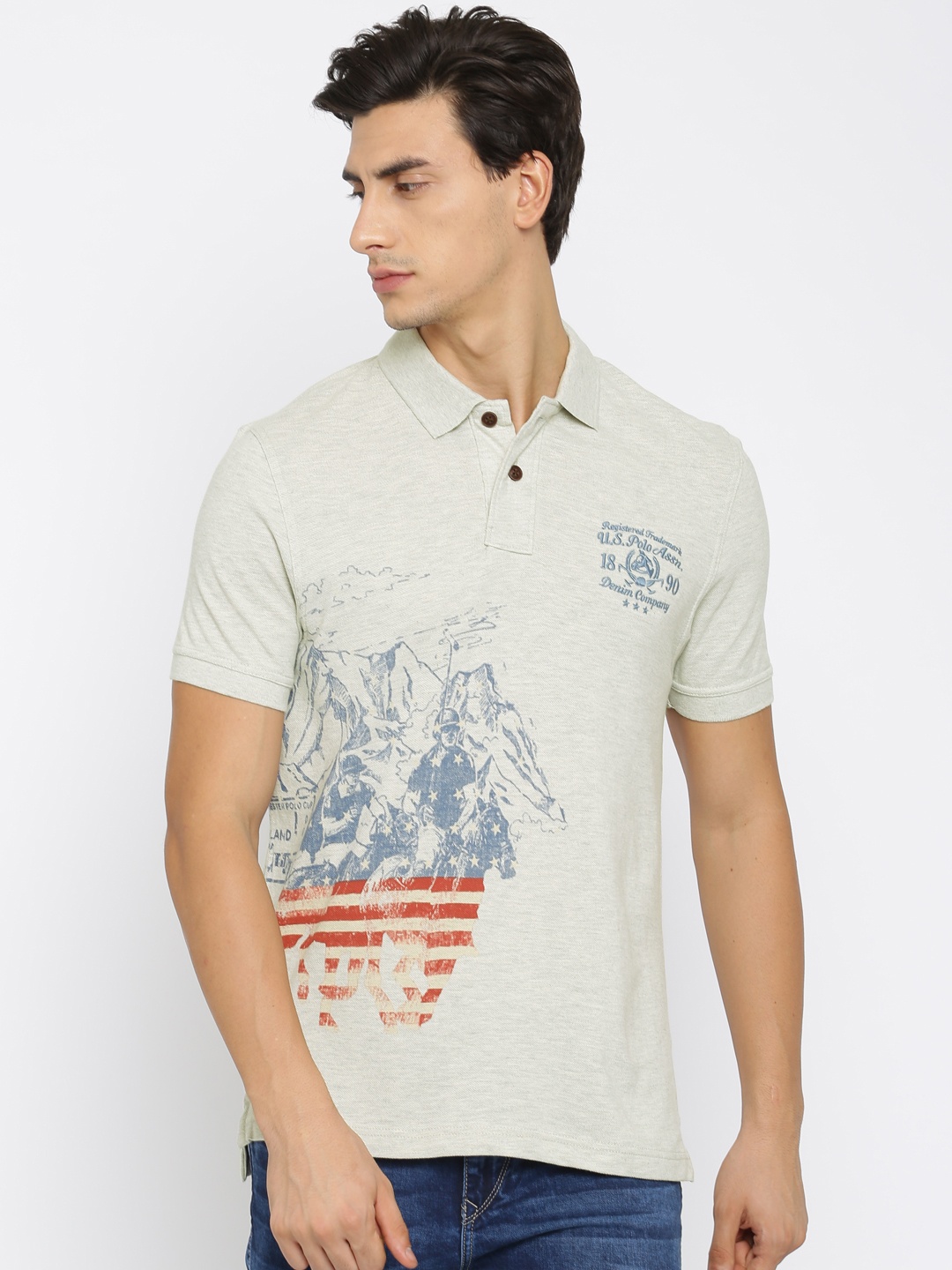 

U.S. Polo Assn. Denim Co. Men Grey Melange Printed Polo T-Shirt