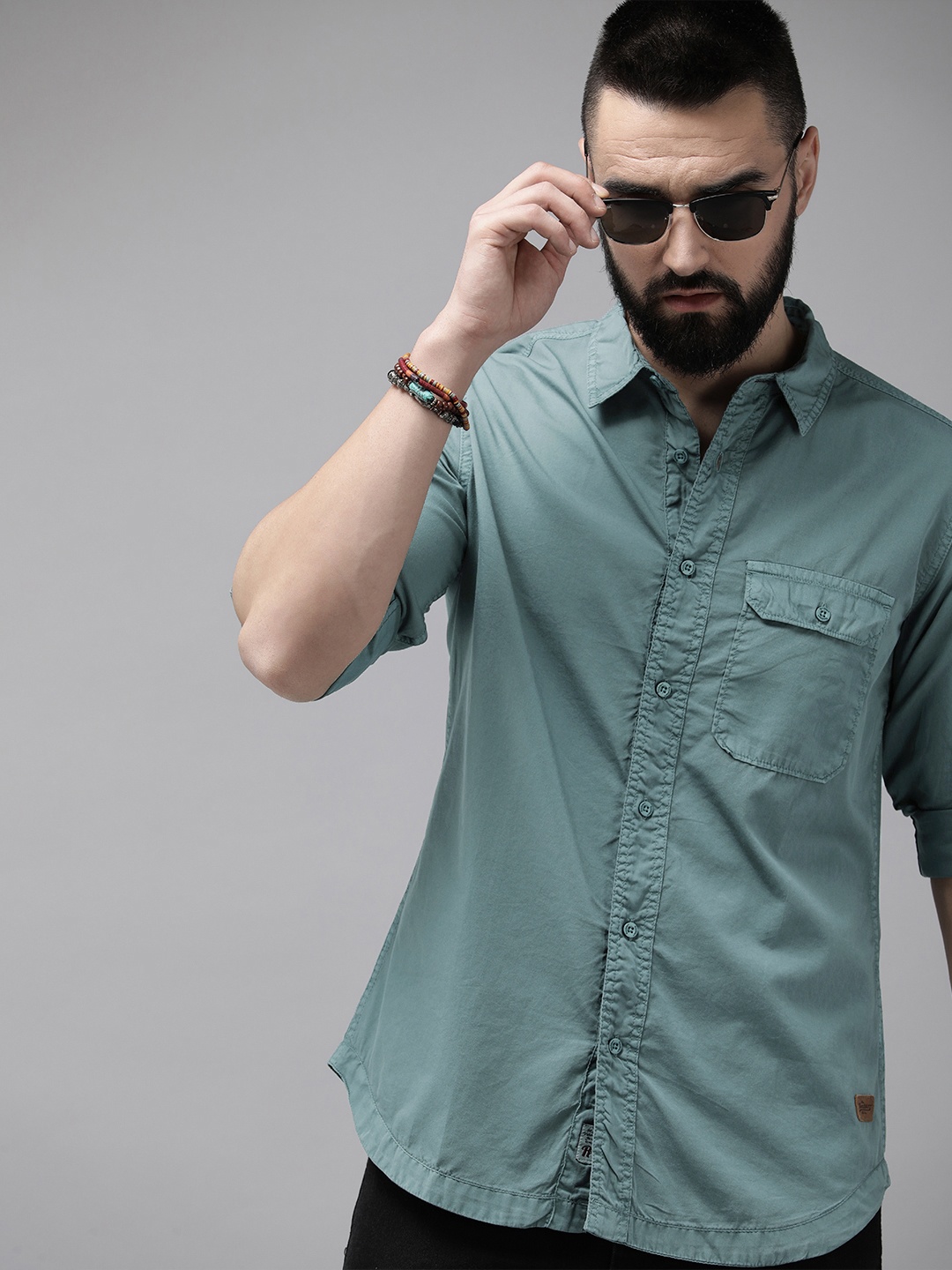 

The Roadster Life Co. Pure Cotton Roll-Up Sleeves Casual Shirt, Grey