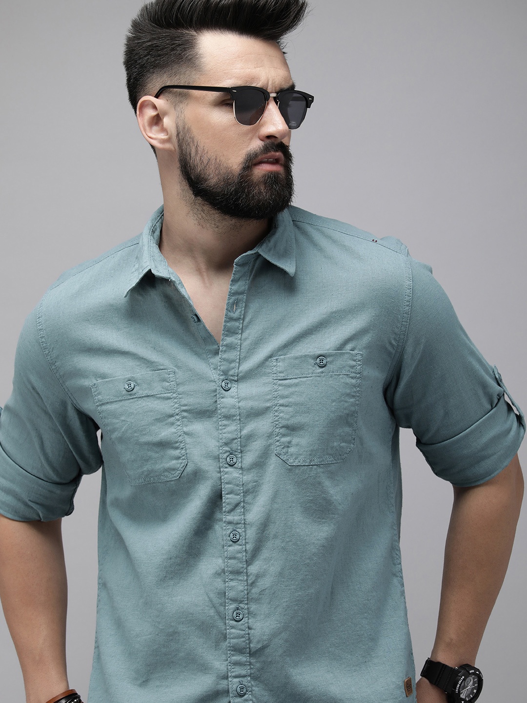

Roadster Men Solid Opaque Linen Cotton Casual Shirt With Chest Pocket, Blue