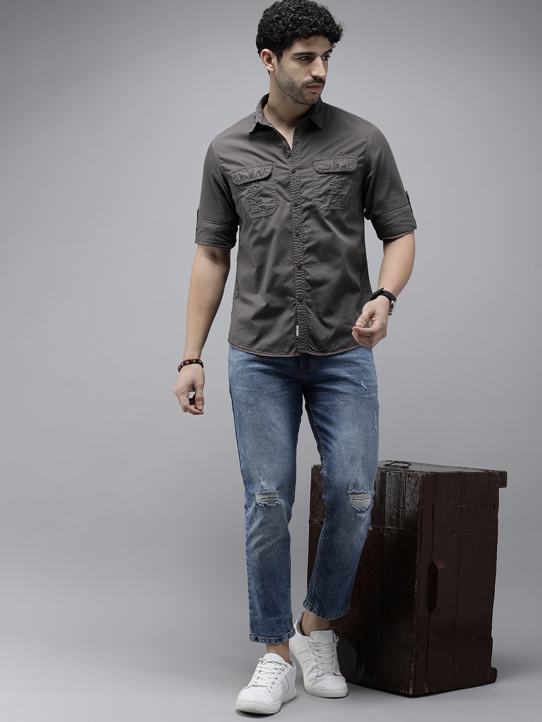 

The Roadster Life Co. Pure Cotton Roll-Up Sleeves Casual Shirt, Grey