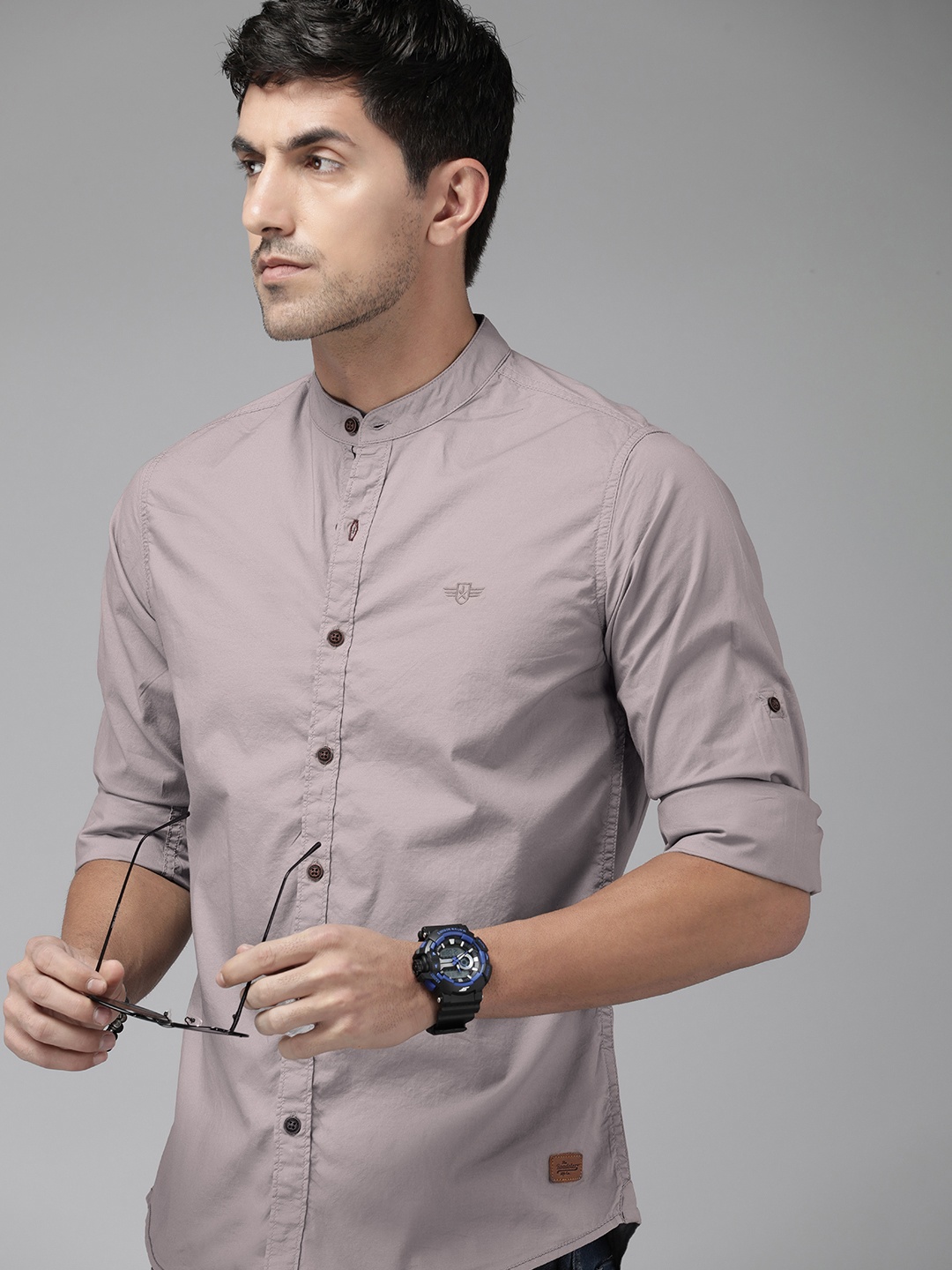 

The Roadster Lifestyle Co. Men Solid Band Collar Roll-Up Sleeves Casual Shirt, Taupe