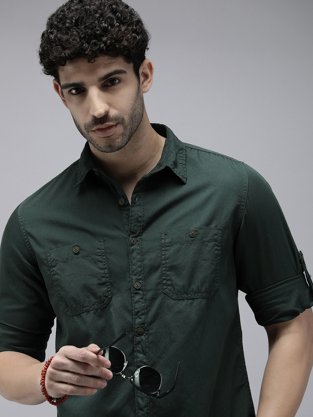 

The Roadster Life Co. Pure Cotton Roll-Up Sleeves Casual Shirt, Olive