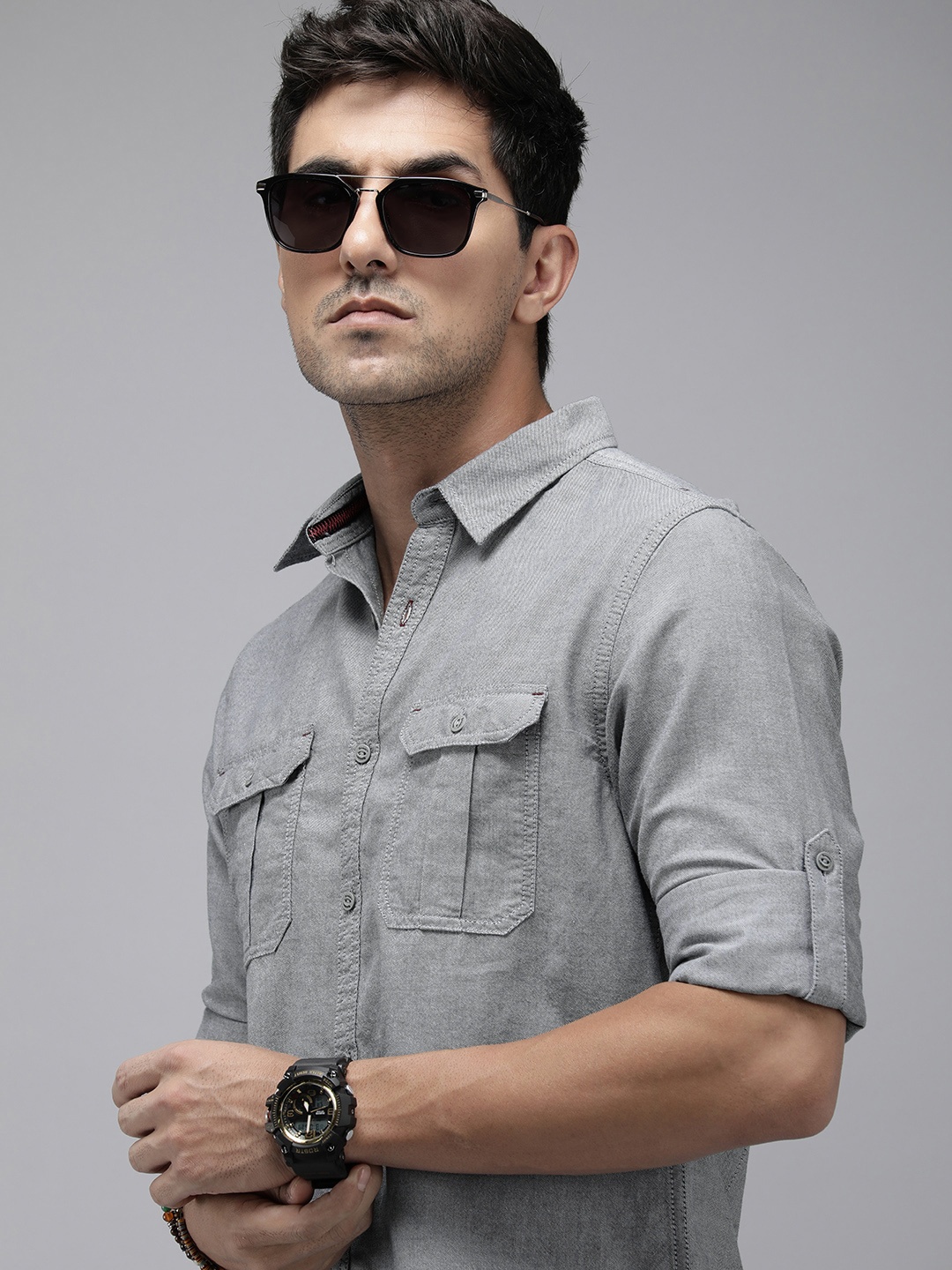 

The Roadster Lifestyle Co. Men Pure Cotton Solid Roll-Up Sleeves Casual Shirt, Grey