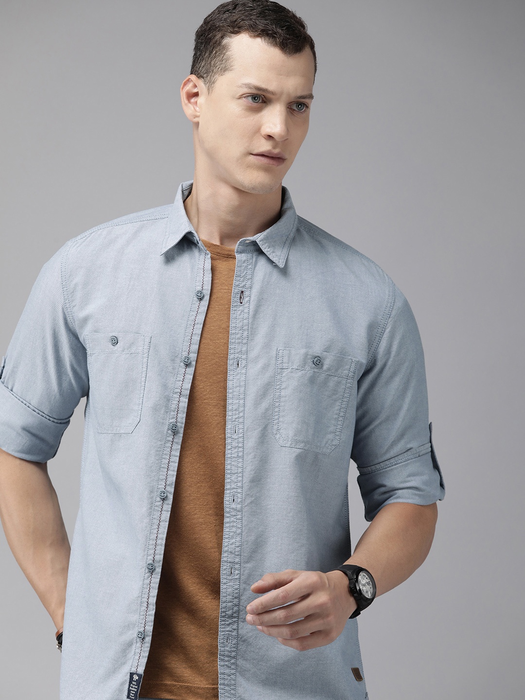 

The Roadster Life Co. Self Design Pure Cotton Casual Shirt, Blue