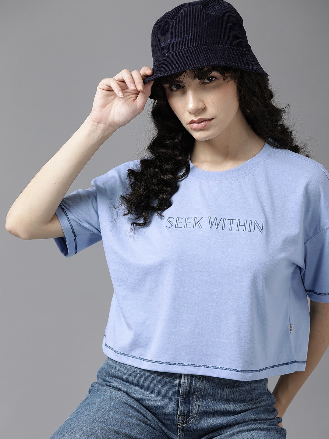 

The Roadster Lifestyle Co. Typography Drop-Shoulder Sleeves Boxy T-shirt, Blue