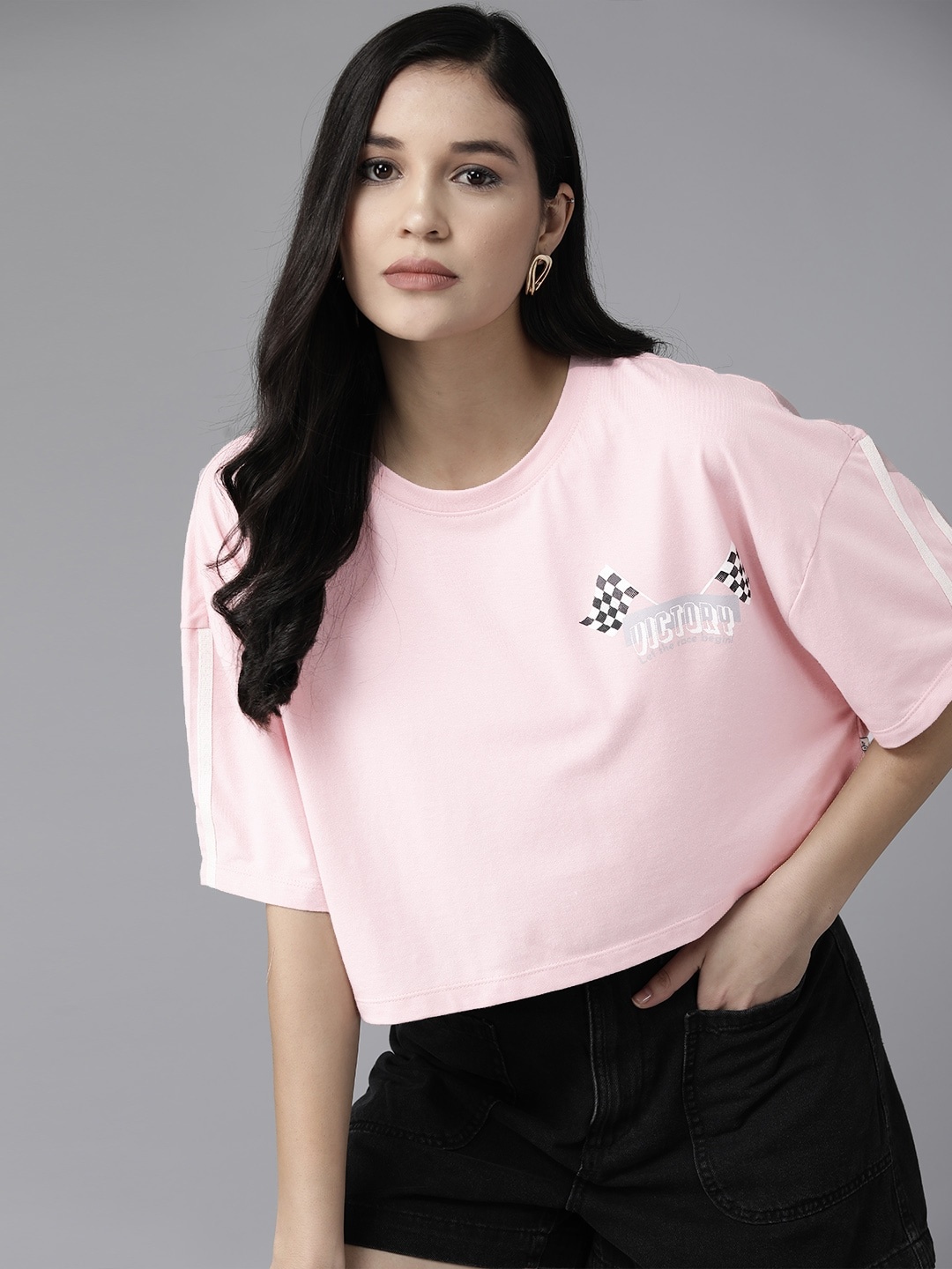 

The Roadster Lifestyle Co. Printed Detail Boxy Fit Drop-Shoulder Sleeves T-shirt, Pink