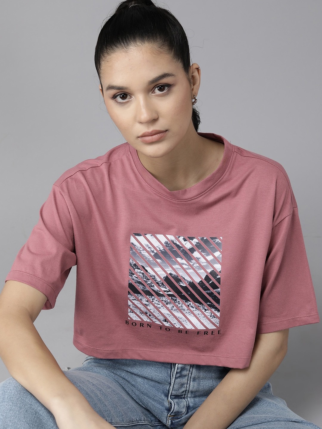 

The Roadster Lifestyle Co. Printed Drop-Shoulder Sleeves Boxy T-shirt, Rose