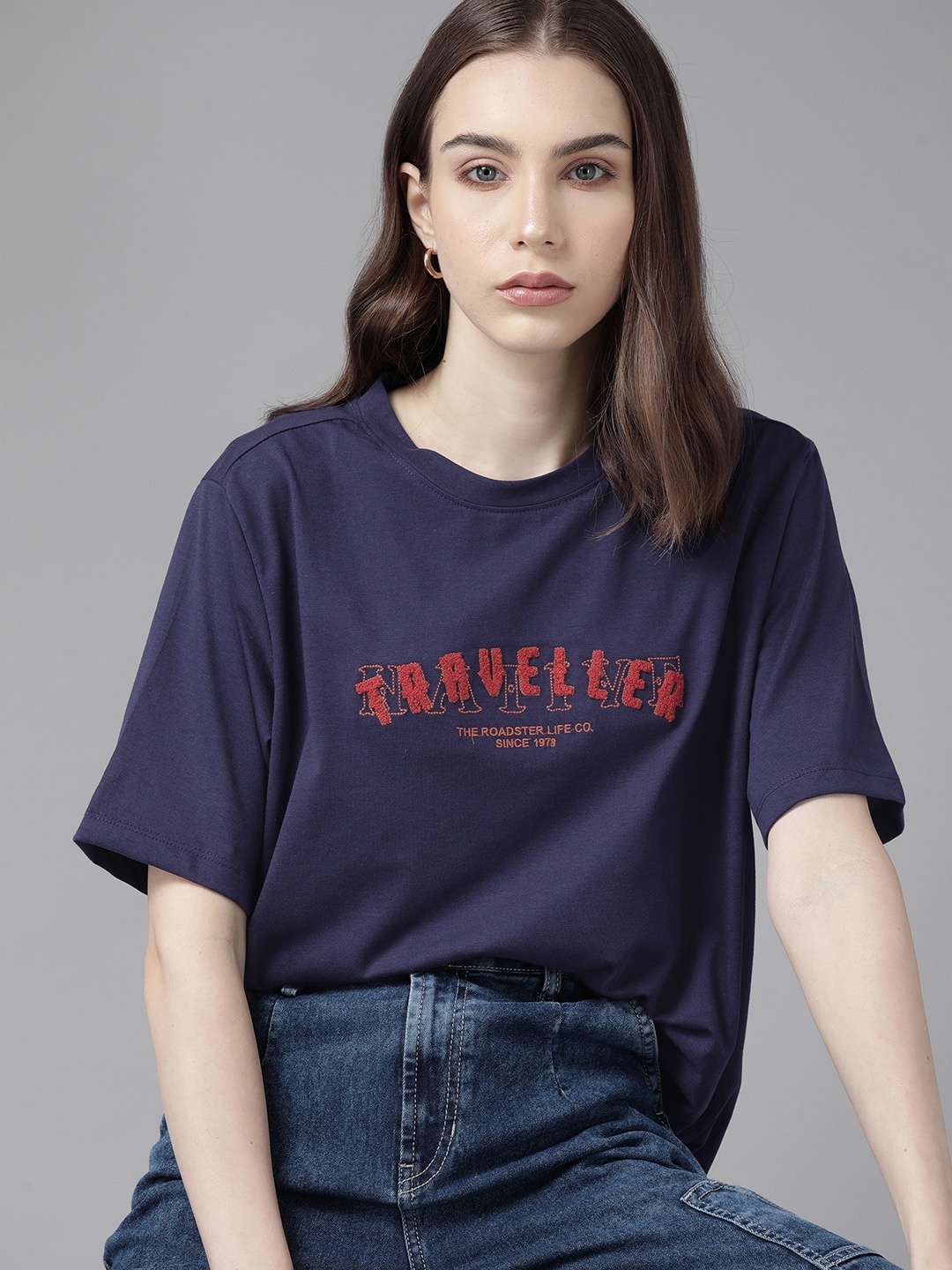 

The Roadster Lifestyle Co. Embroidered Drop-Shoulder Sleeves Oversized Longline T-shirt, Purple