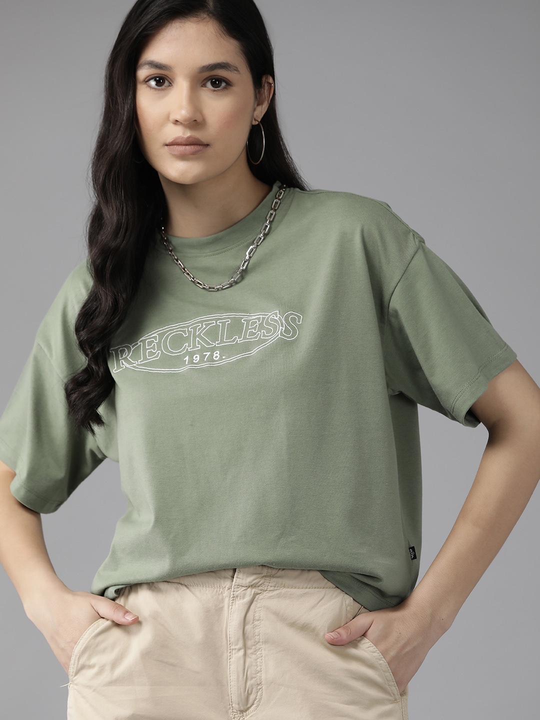 

The Roadster Lifestyle Co. Embroidered Drop-Shoulder Sleeves Boxy T-shirt, Green
