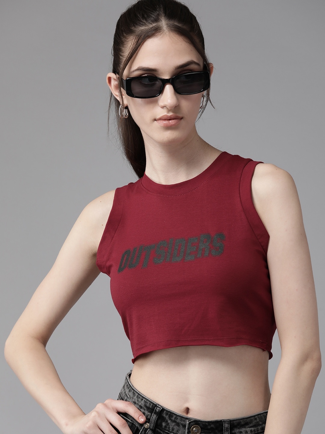 

The Roadster Lifestyle Co. Typography Printed Crop T-shirt, Maroon
