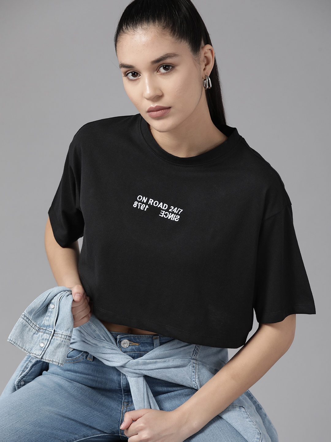 

Roadster Women Typography Printed Boxy Crop T-shirt, Black