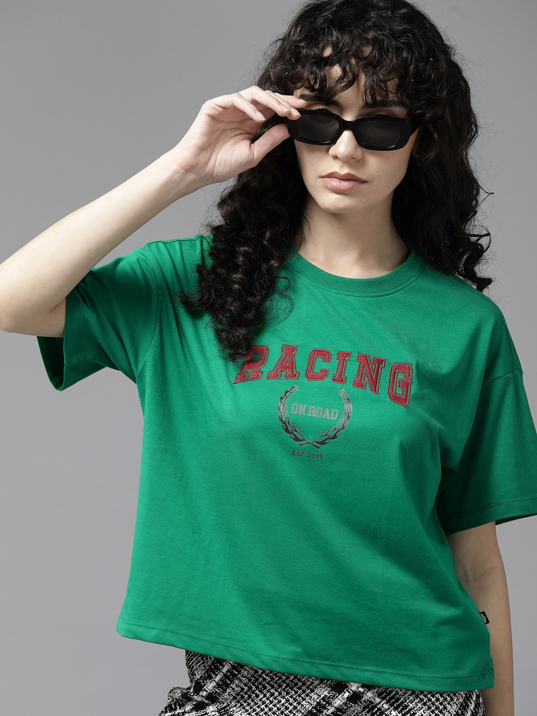

The Roadster Lifestyle Co. Typography Printed Drop-Shoulder Sleeves Boxy T-shirt, Green