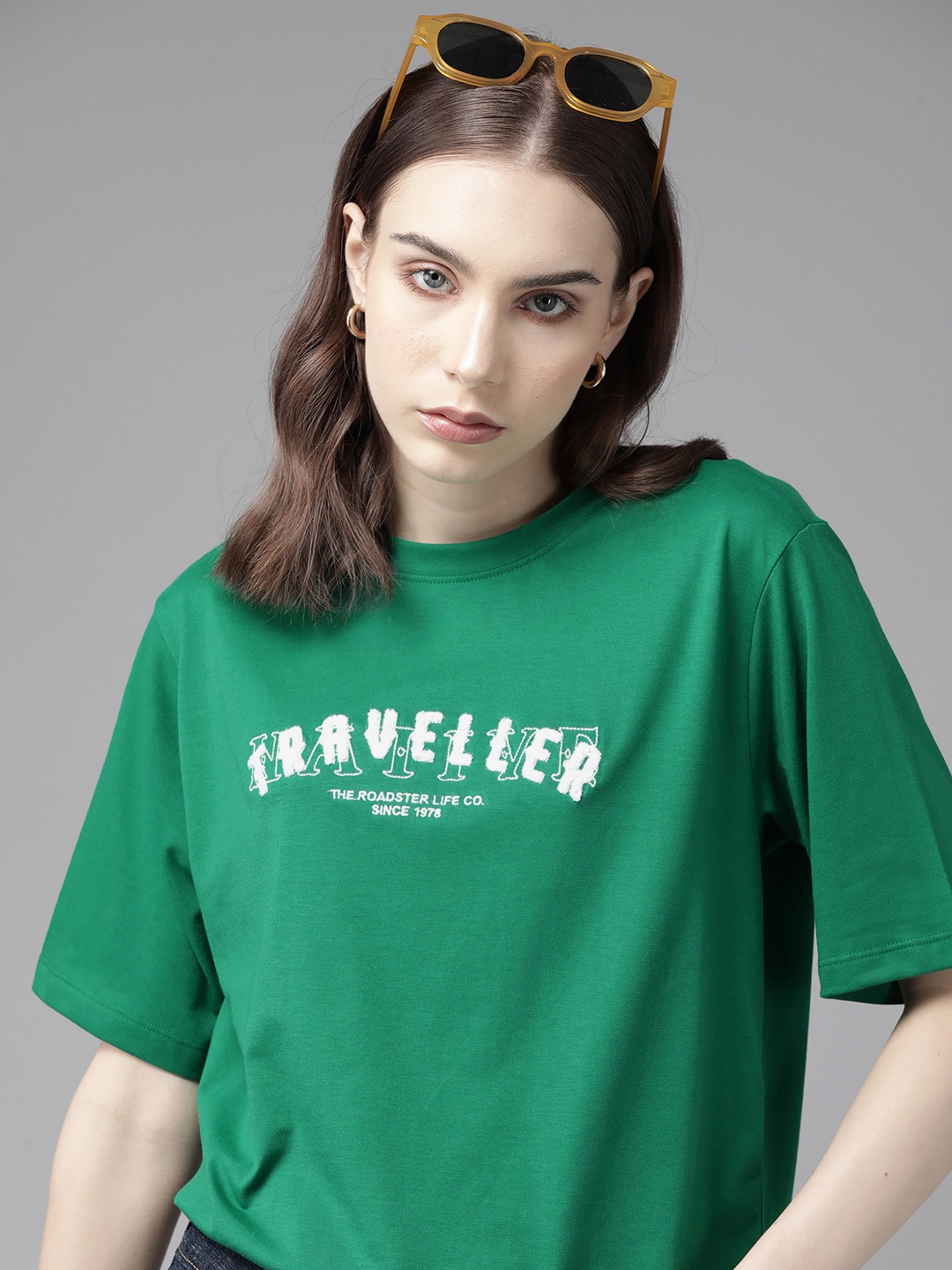 

The Roadster Lifestyle Co. Embroidered Drop-Shoulder Sleeves Oversized Longline T-shirt, Green