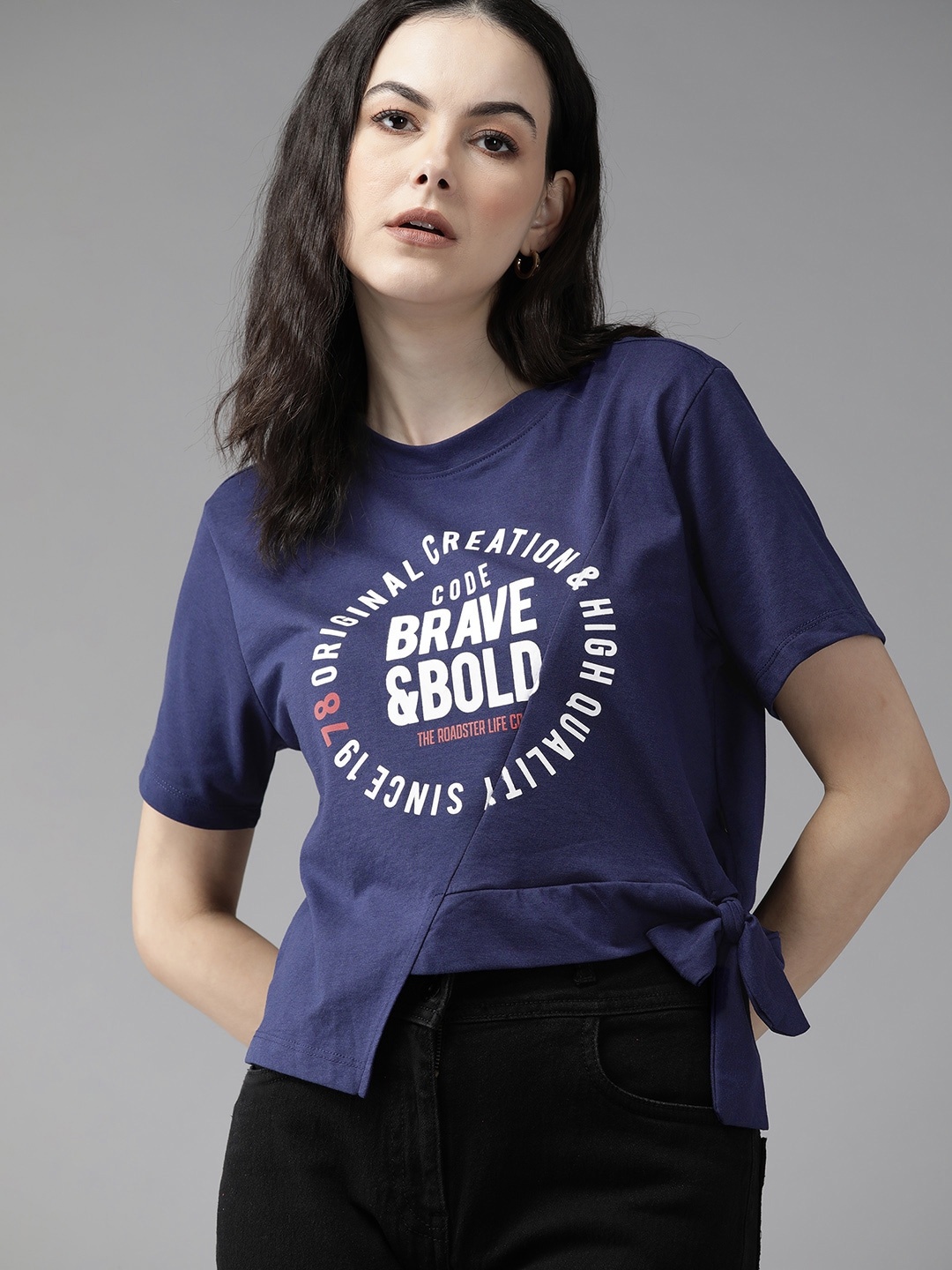 

The Roadster Lifestyle Co. Typography Printed Tie-Up Detail Boxy T-shirt, Navy blue