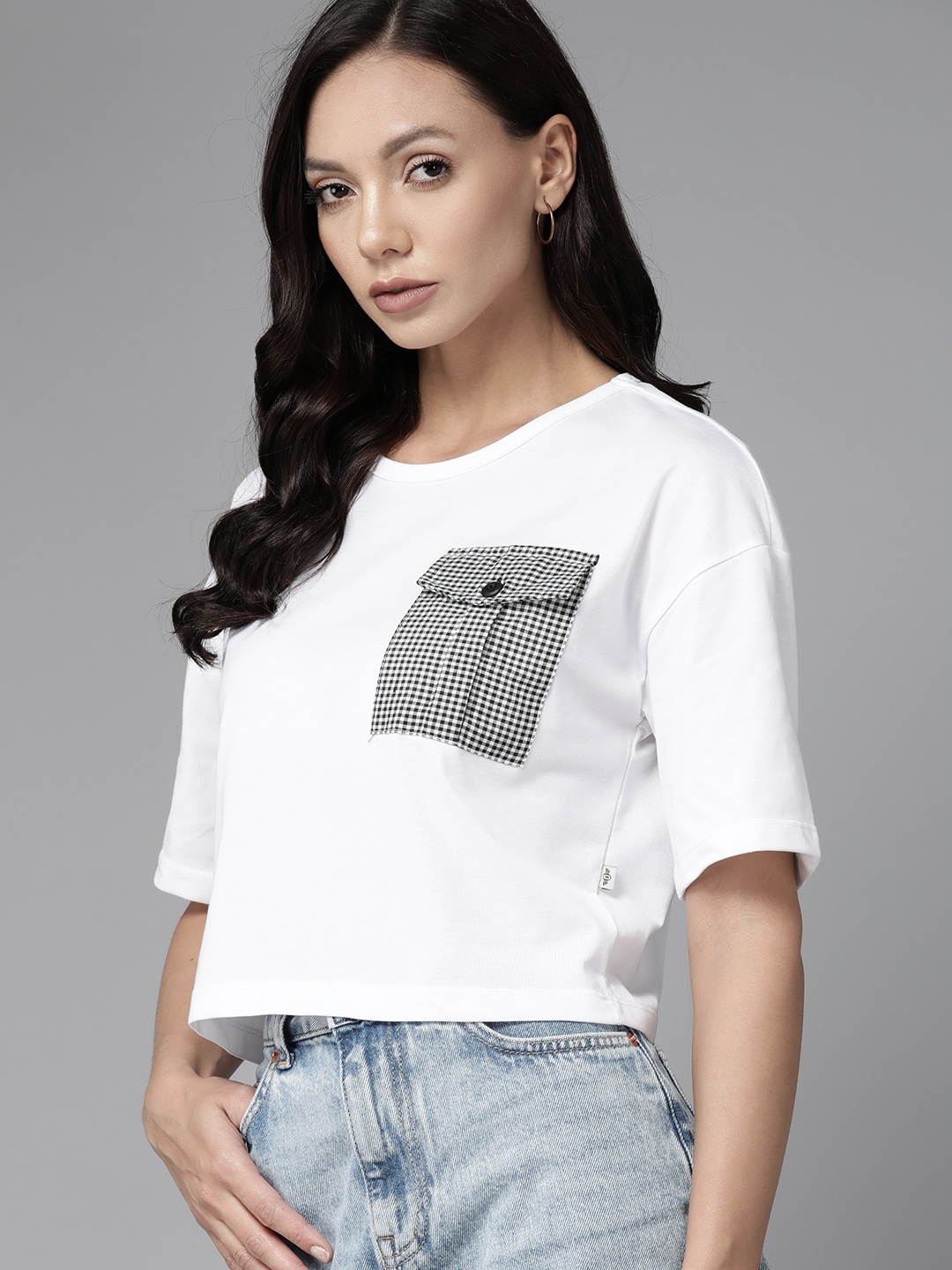 

The Roadster Lifestyle Co. Women Drop-Shoulder Sleeves Pockets Boxy T-shirt, White