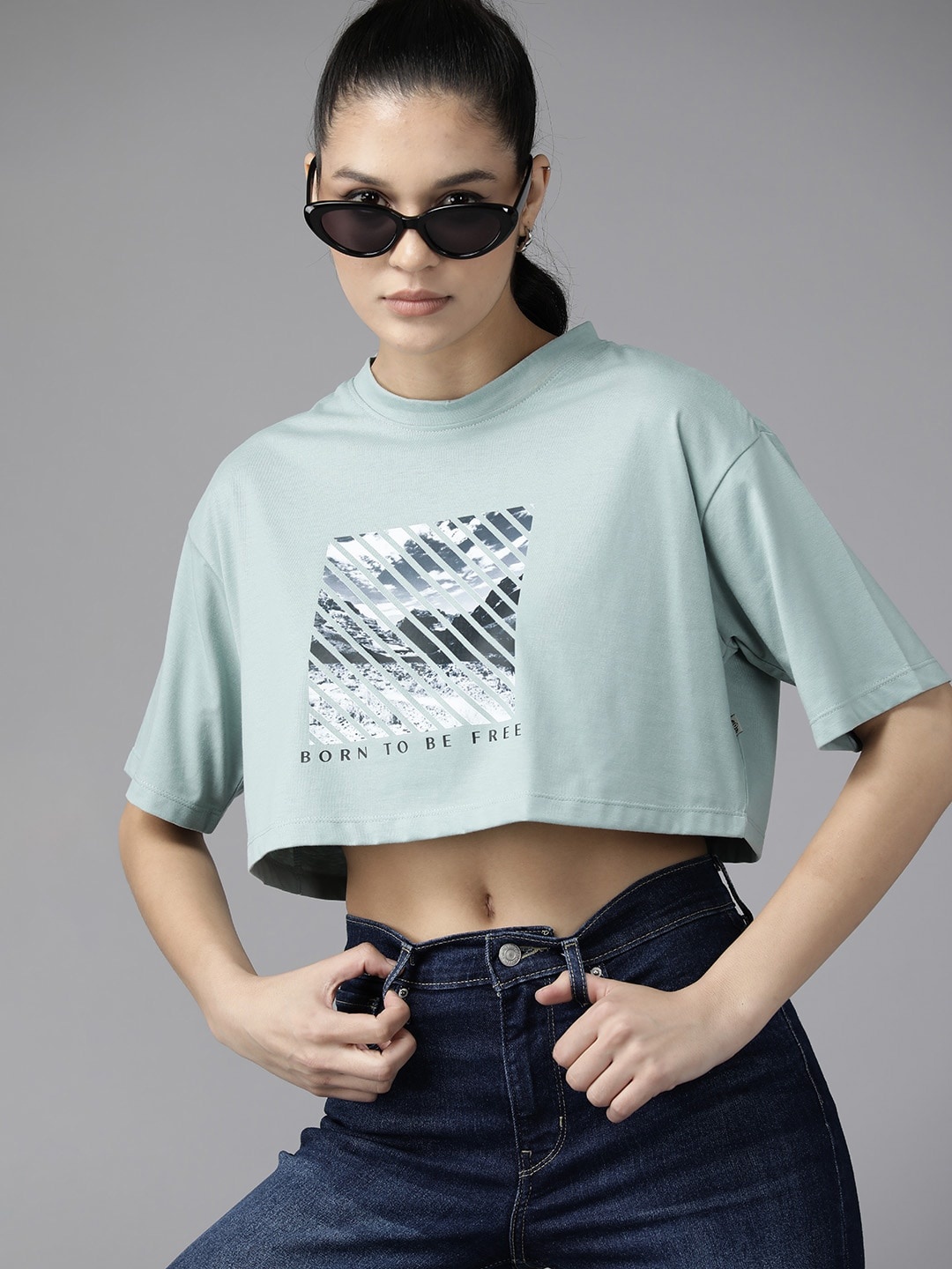 

The Roadster Lifestyle Co. Printed Drop-Shoulder Sleeves Boxy T-shirt, Blue