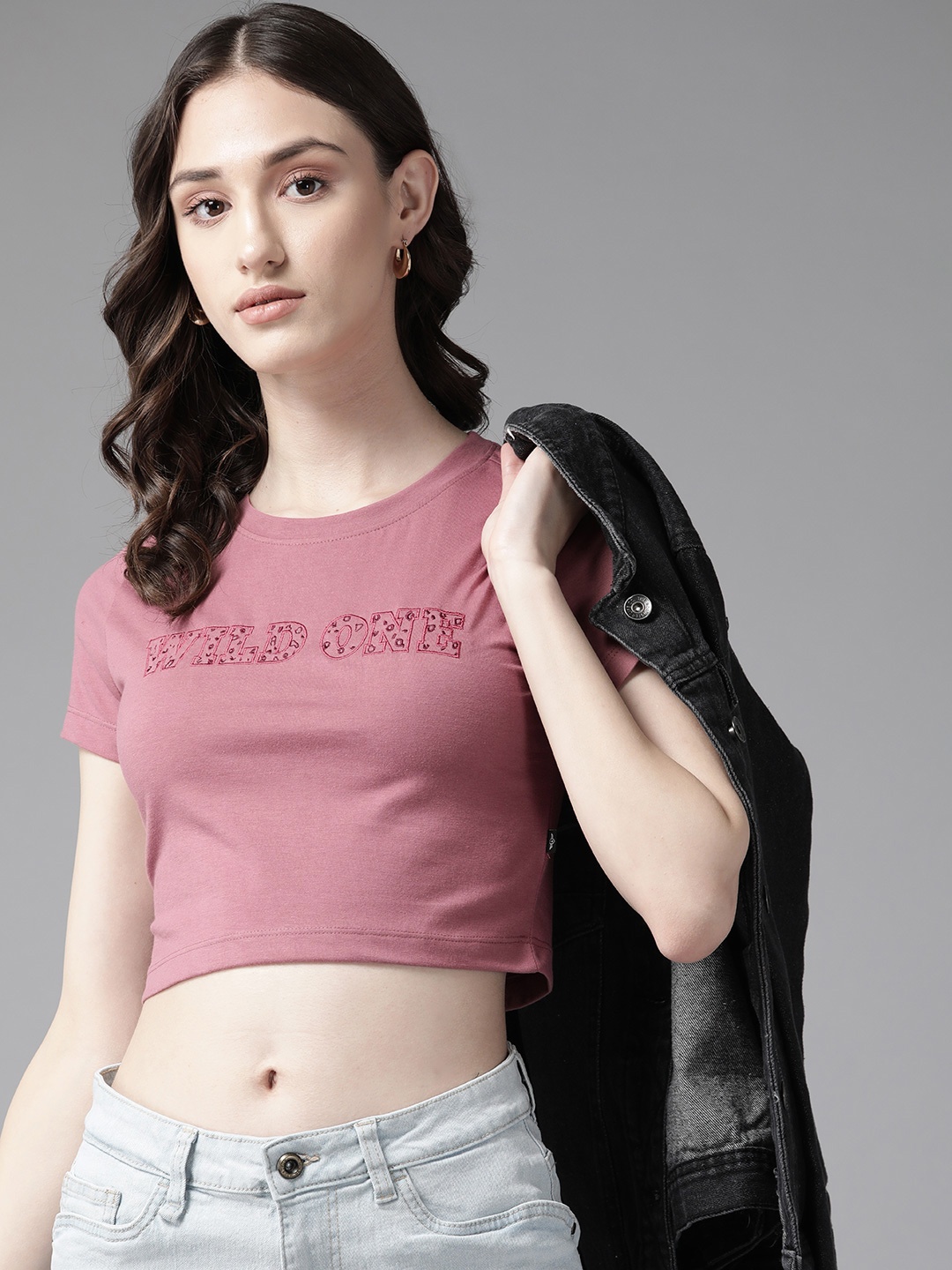 

The Roadster Lifestyle Co. Typography Embroidered Crop T-shirt, Rose