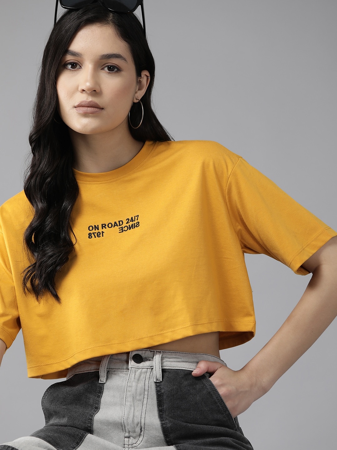 

The Roadster Lifestyle Co. Embroidered Detail Drop-Shoulder Sleeves Cropped Boxy T-shirt, Mustard