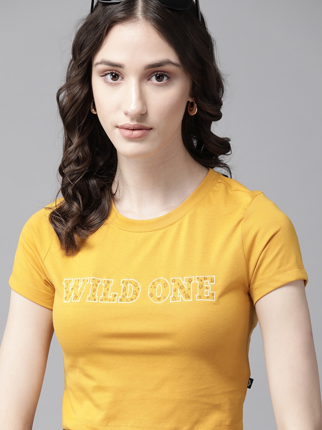 

The Roadster Lifestyle Co. Typography Embroidered Crop T-shirt, Mustard