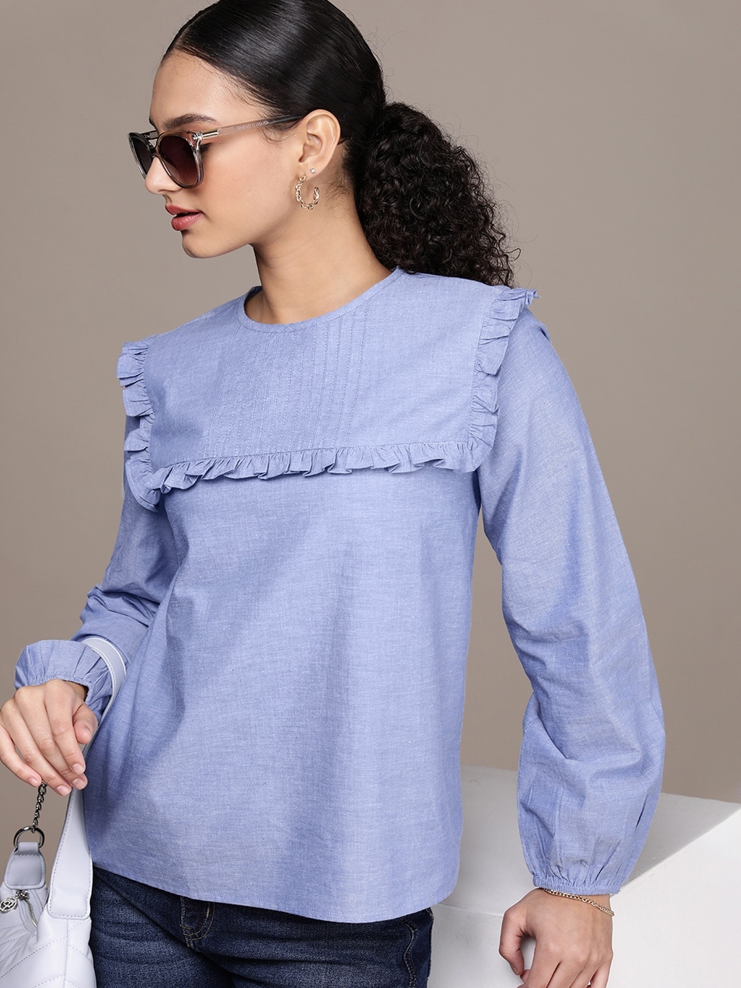 

French Connection Puff Sleeve Ruffles Pure Cotton Top, Blue