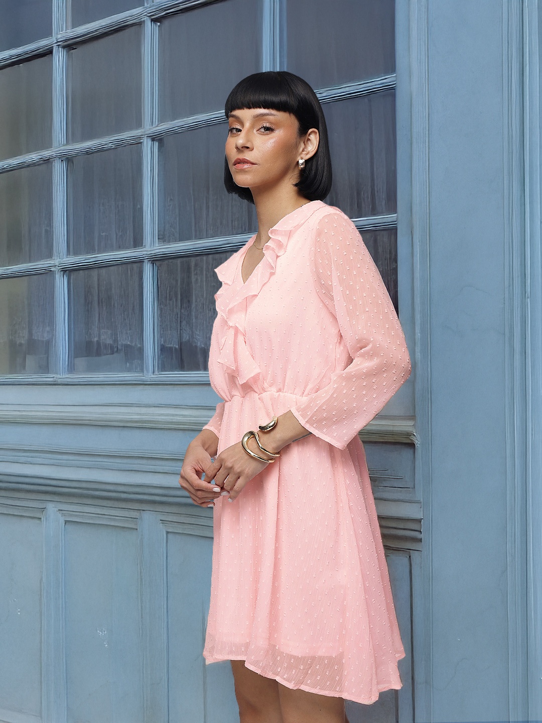 

French Connection Ruffles & Gathers Dobby A-Line Dress, Pink