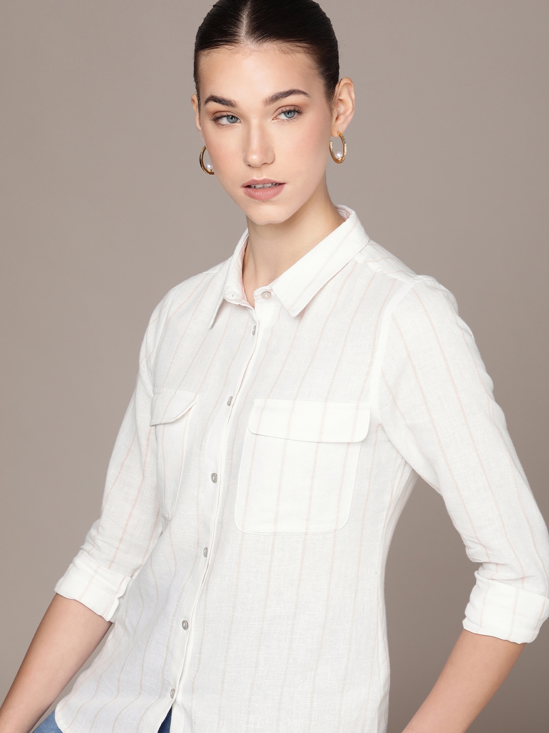 

French Connection Striped Cotton-Linen Casual Shirt, Off white