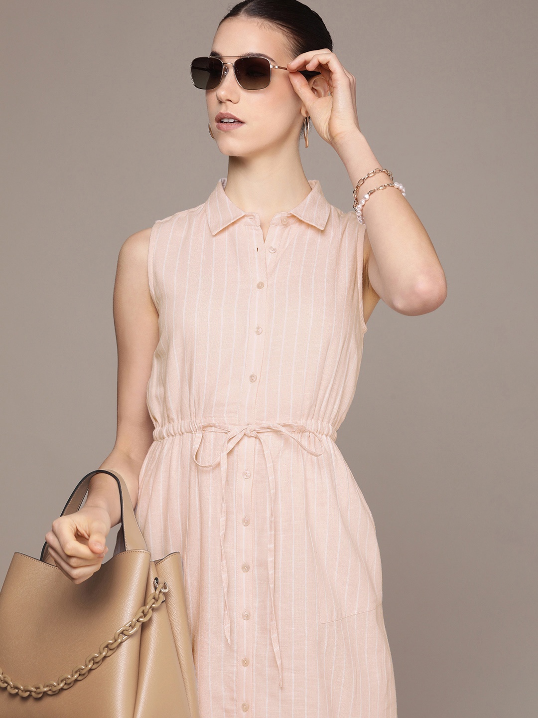 

French Connection Striped Shirt Style Cotton-Linen Belted Midi Dress, Peach