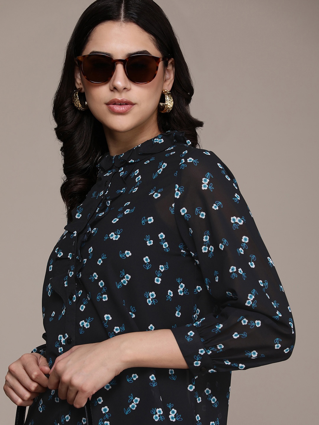 

French Connection Floral Printed Casual Shirt, Navy blue