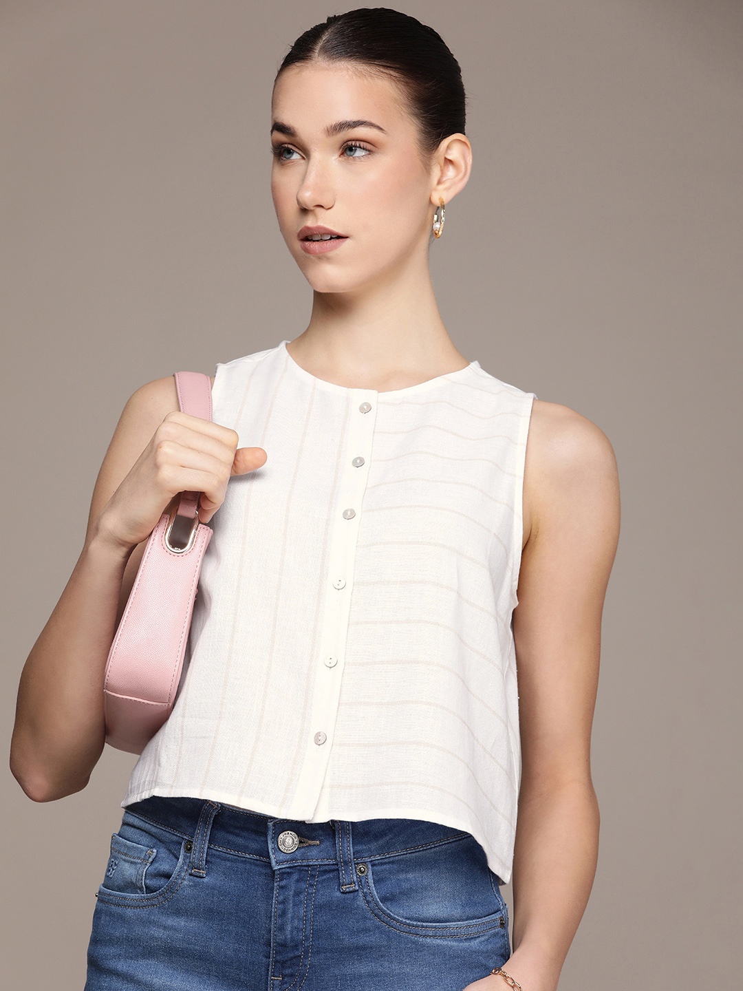 

French Connection Striped Cotton-Linen Shirt Style Top, White