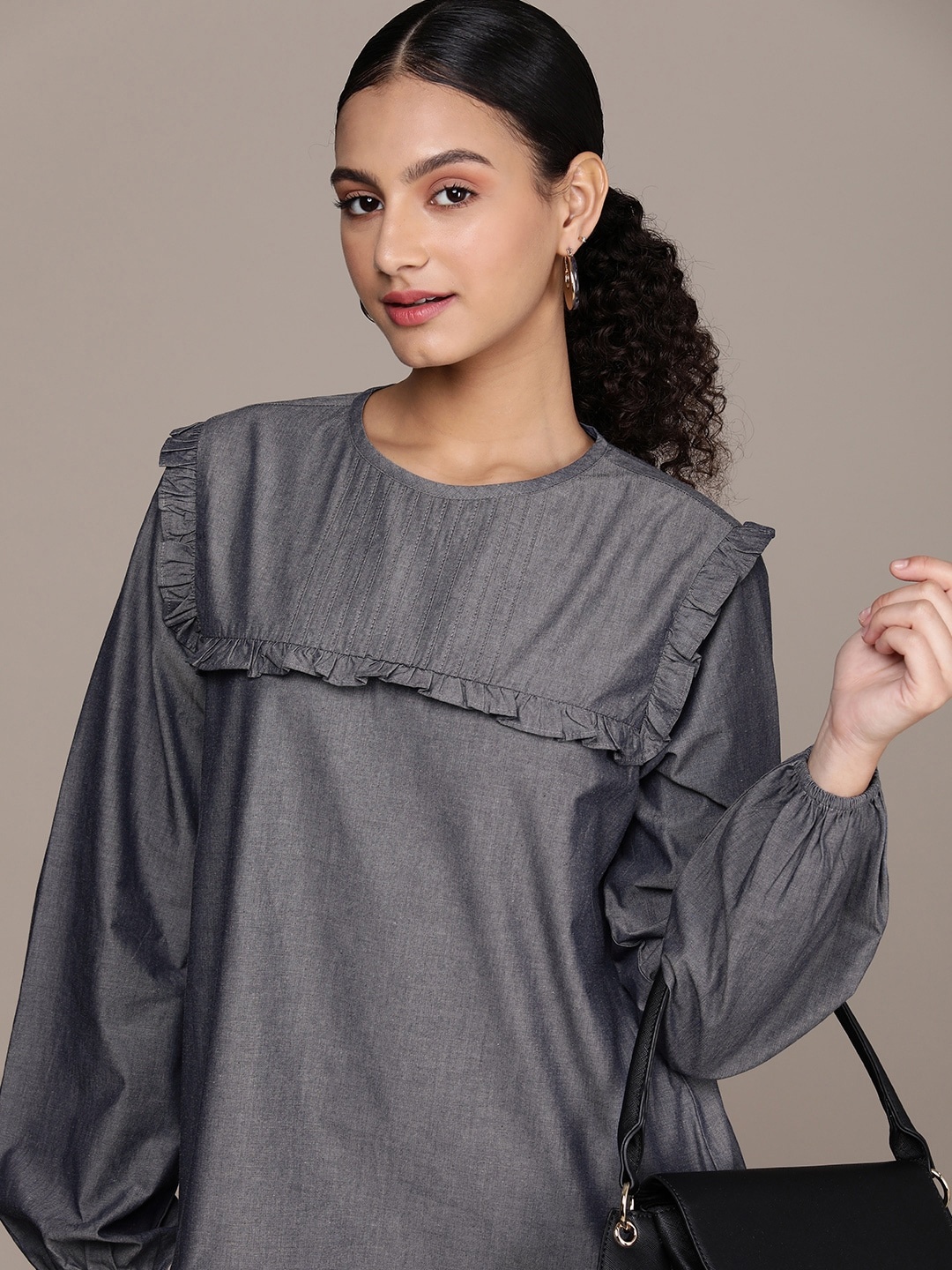 

French Connection Pure Cotton Puff Sleeve Ruffles Top, Grey