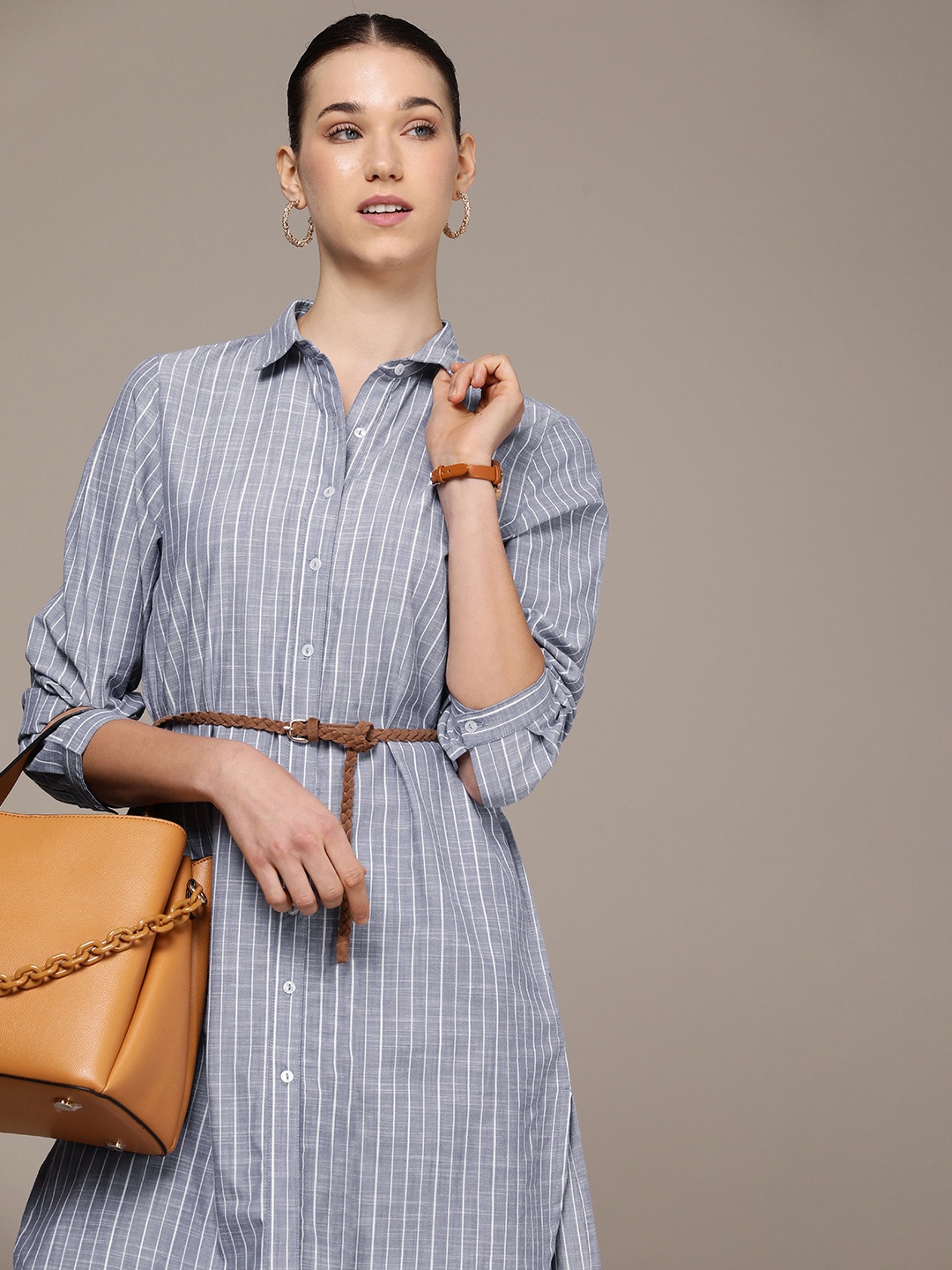 

French Connection Shirt Collar Striped Belted Pure Cotton Shirt Style Tunic, Blue