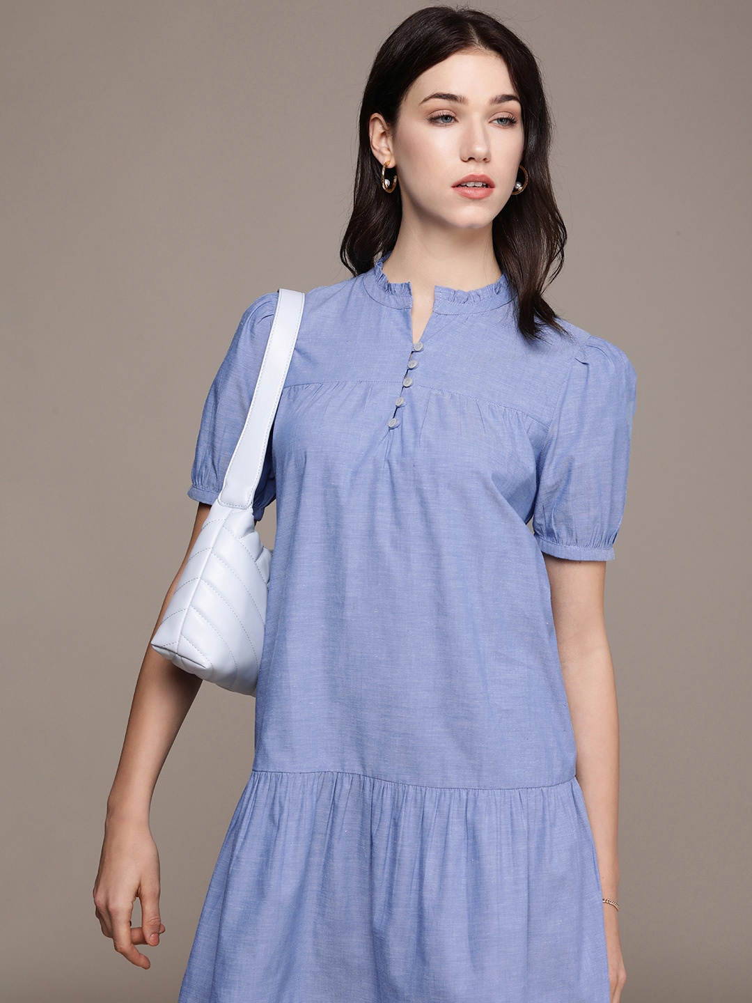 

French Connection Pure Cotton Solid Puff Sleeve Peplum Dress, Blue
