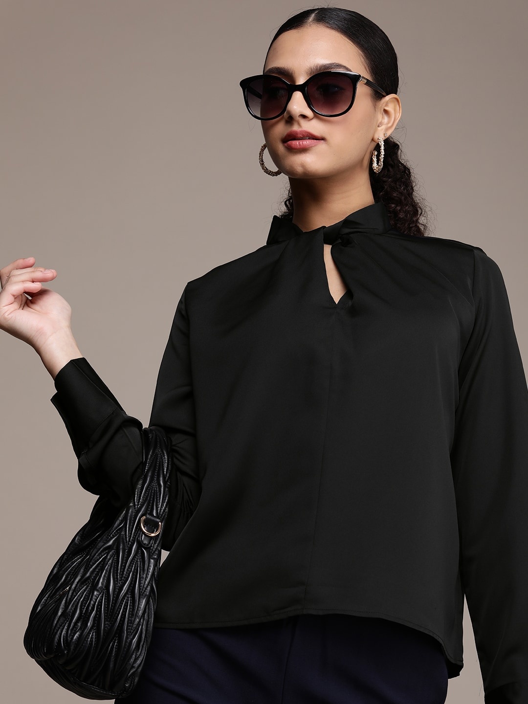 

French Connection Keyhole Neck Long Sleeves Twisted Top, Black