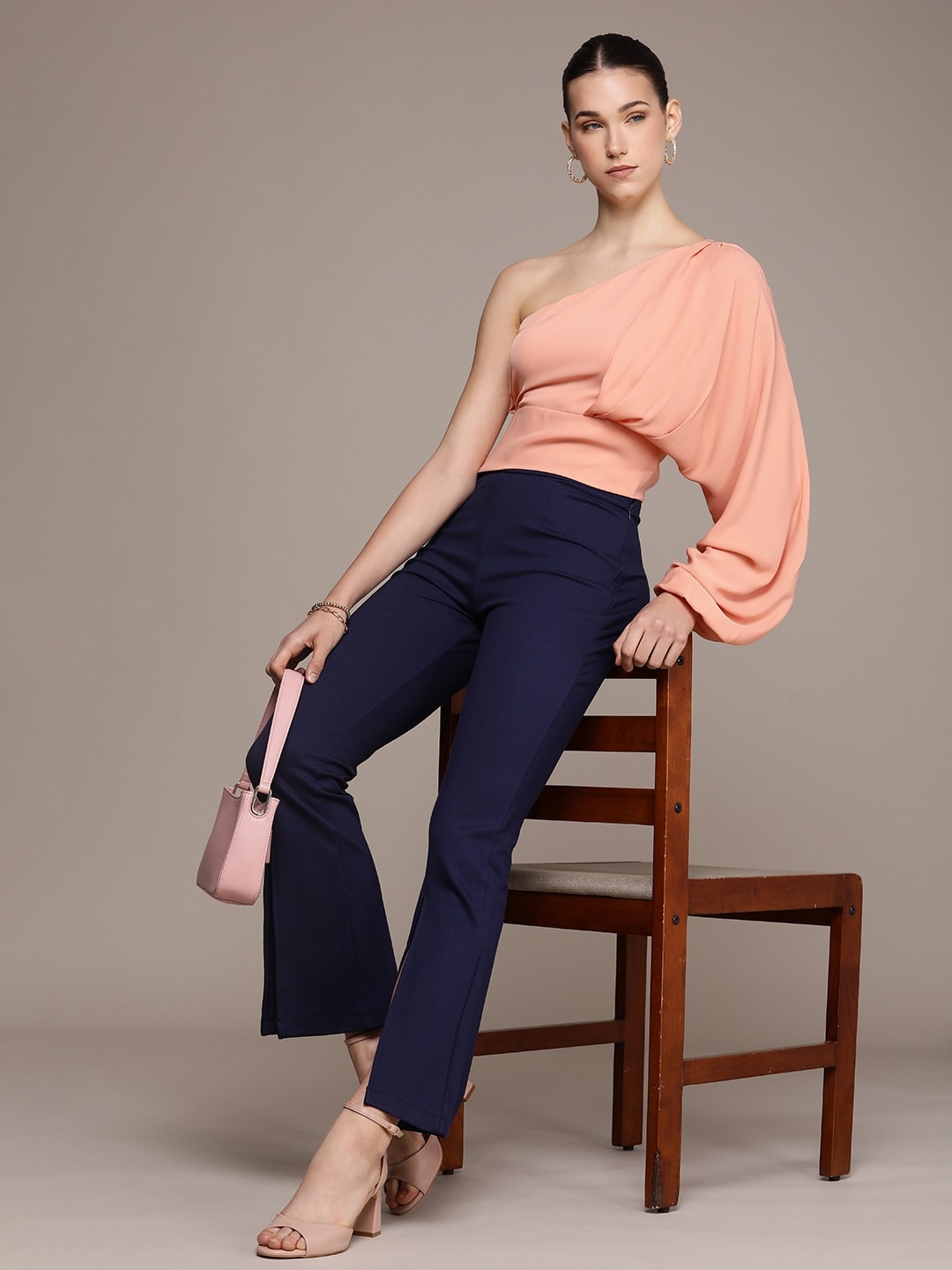 

French Connection Solid One Shoulder Puff Sleeve Blouson Top, Peach