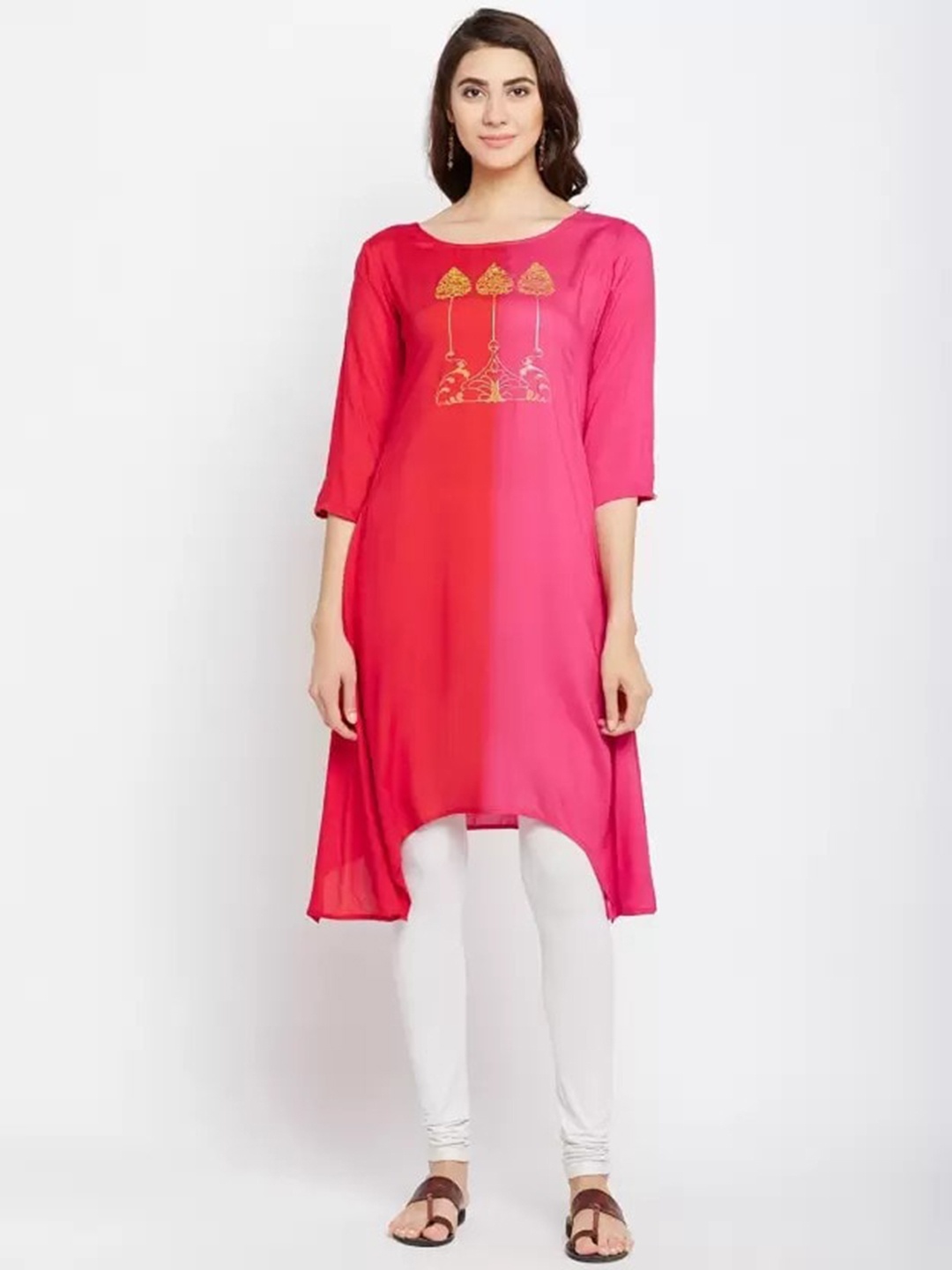 

Span Asymmetric Ethnic Motifs Printed Straight Cotton Kurta, Pink