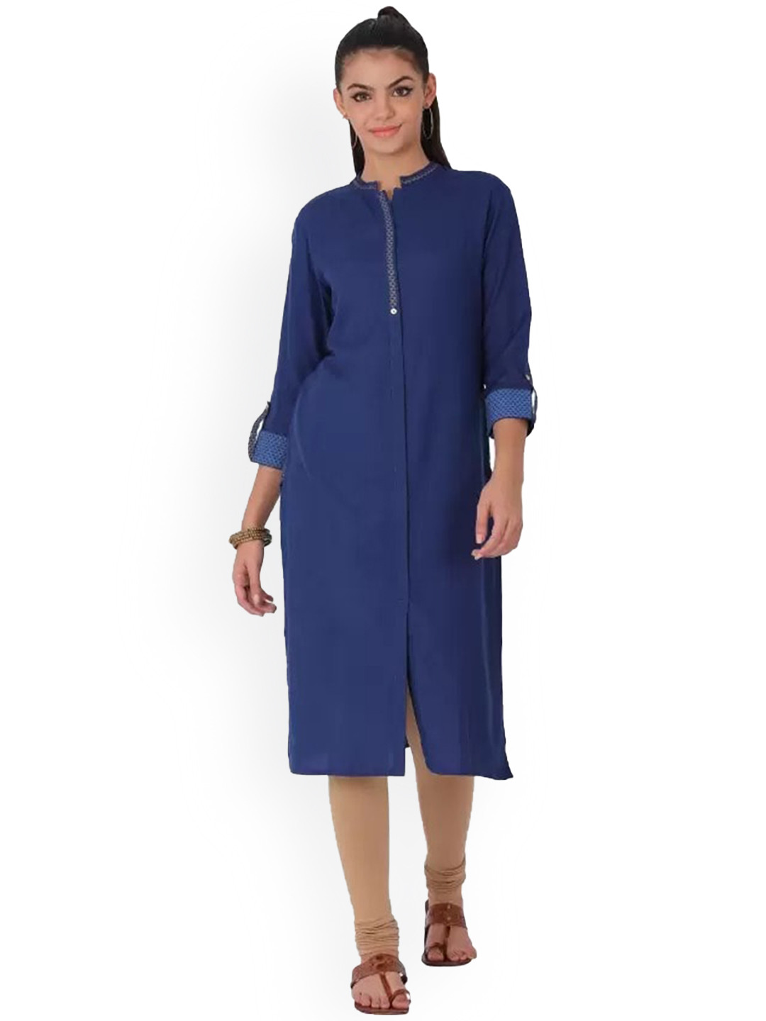 

Span Women Mandarin Collar Roll-Up Sleeves Straight Kurta, Blue