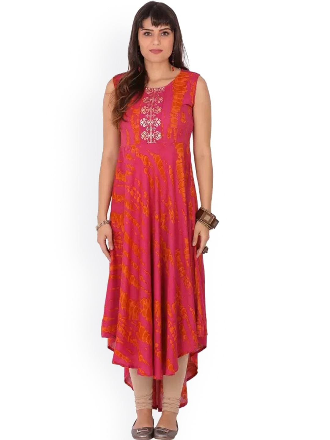 

Span Abstract Printed Flared Sleeves High-Low Anarkali Kurta, Pink