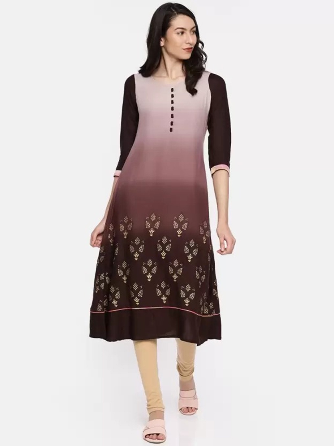 

Span Cotton Floral Printed Round Neck Kurta, Brown