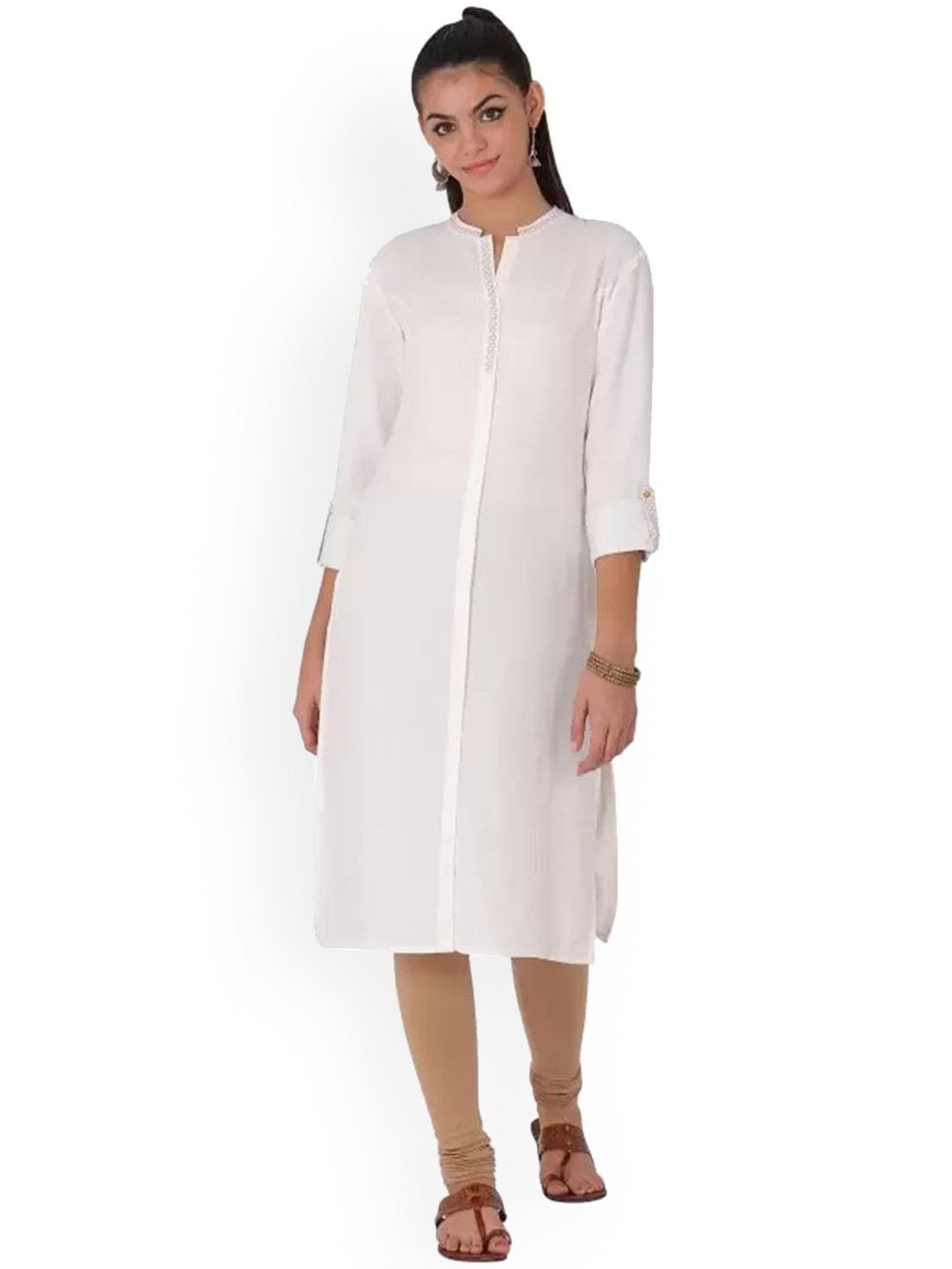 

Span Mandarin Collar Roll-Up Sleeves Kurta, White
