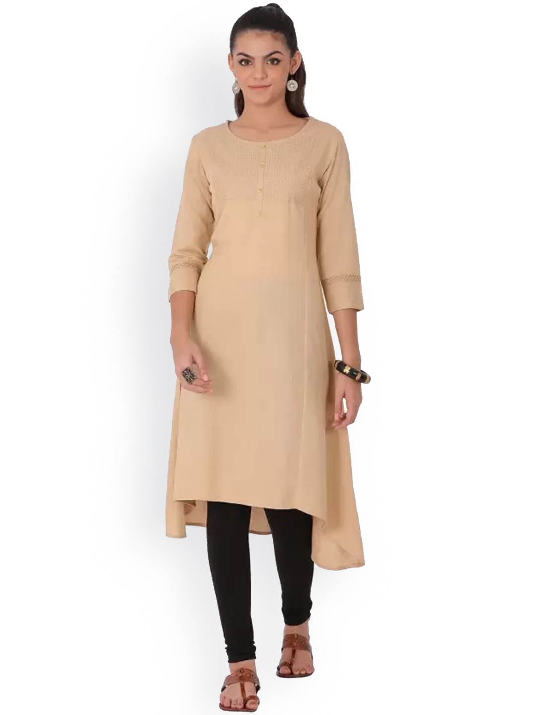 

Span Round Neck High-Low Cotton Kurta, Beige