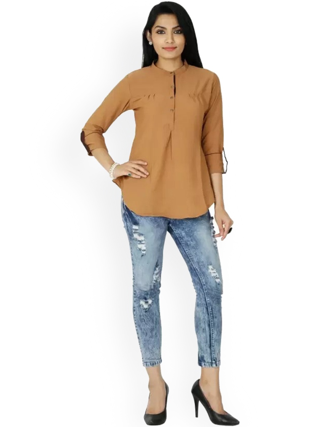 

Span Women Mandarin Collar Roll-Up Sleeves A-Line Short Kurta, Brown