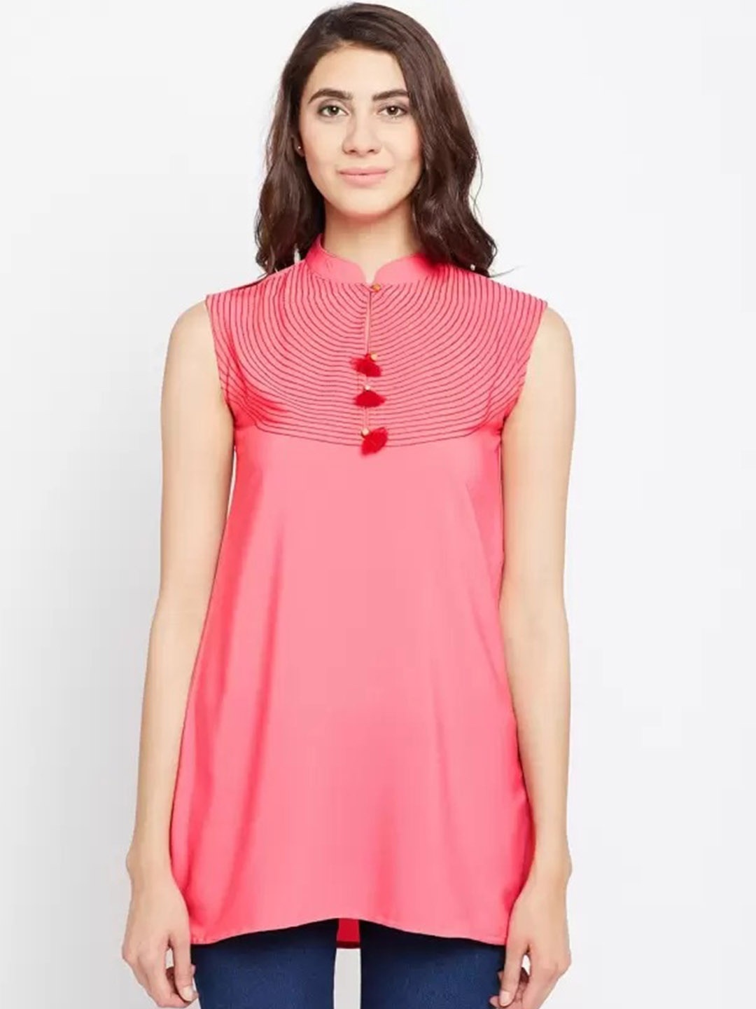 

Span Band Collar Thread Work A-Line Kurta, Pink