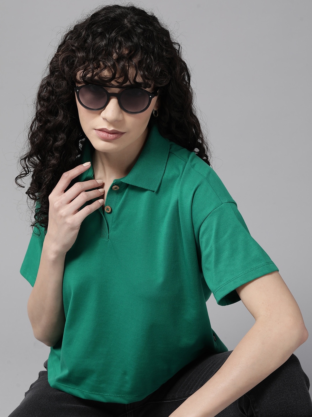 

The Roadster Lifestyle Co. Polo Collar Drop-Shoulder Sleeves Boxy T-shirt, Green