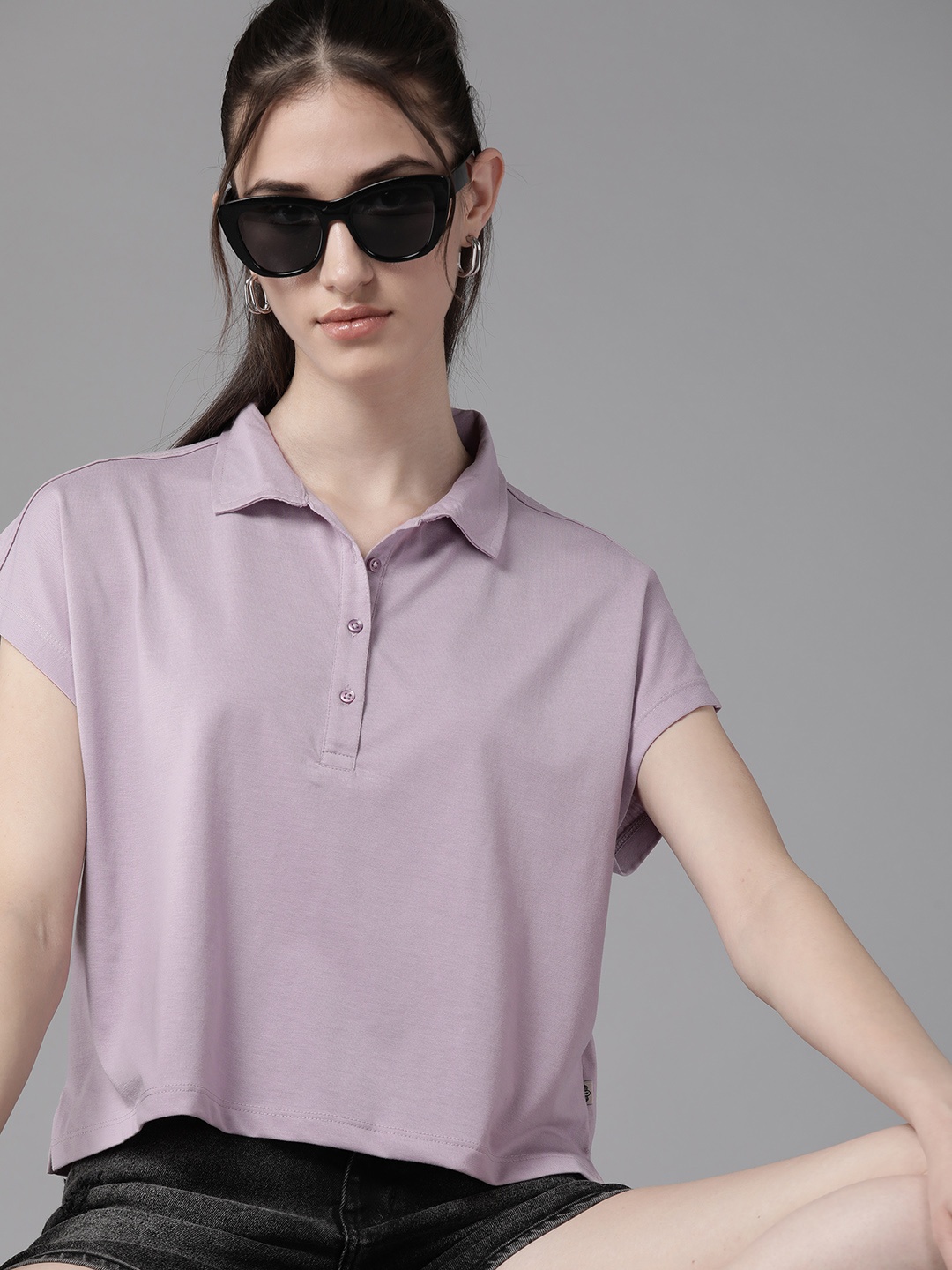 

The Roadster Lifestyle Co. Polo Collar Extended Sleeves Boxy T-shirt, Lavender