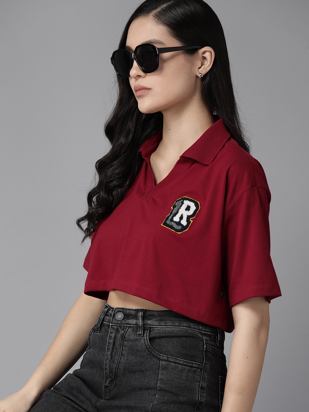 

The Roadster Lifestyle Co. Polo Collar Crop Boxy T-shirt, Maroon